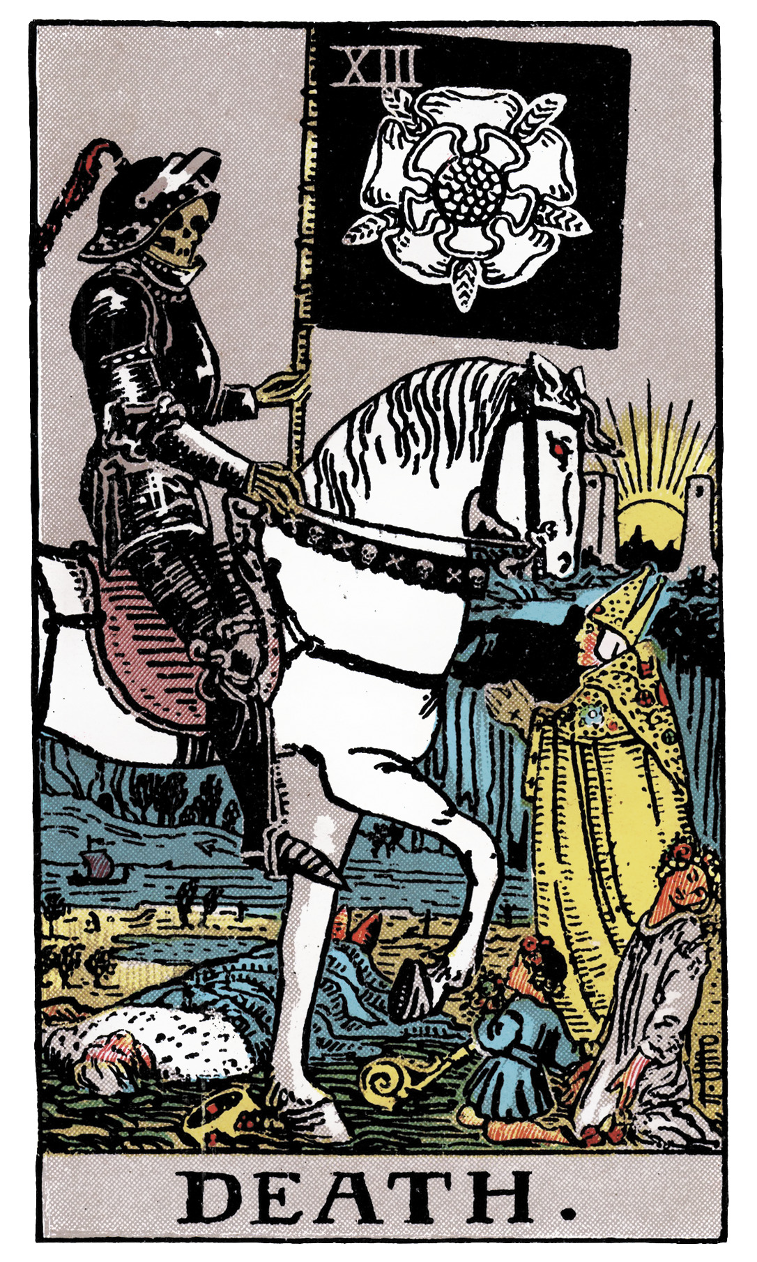 Death tarot card — skeleton in armour on white horse carrying black flag