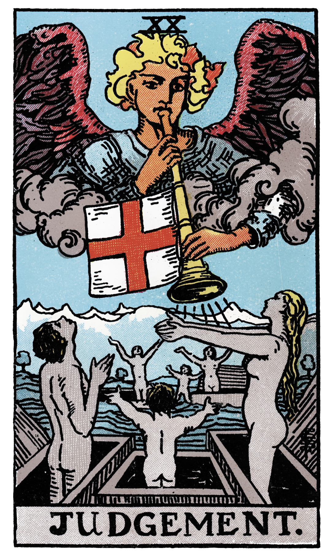 Judgement tarot card — angel blowing trumpet over rising figures from graves
