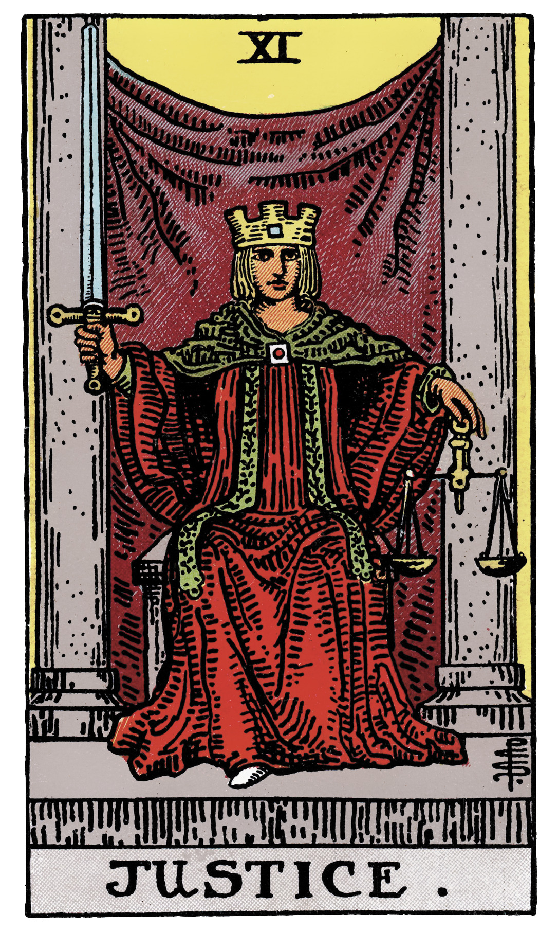Justice tarot card — seated figure holding scales and upright sword