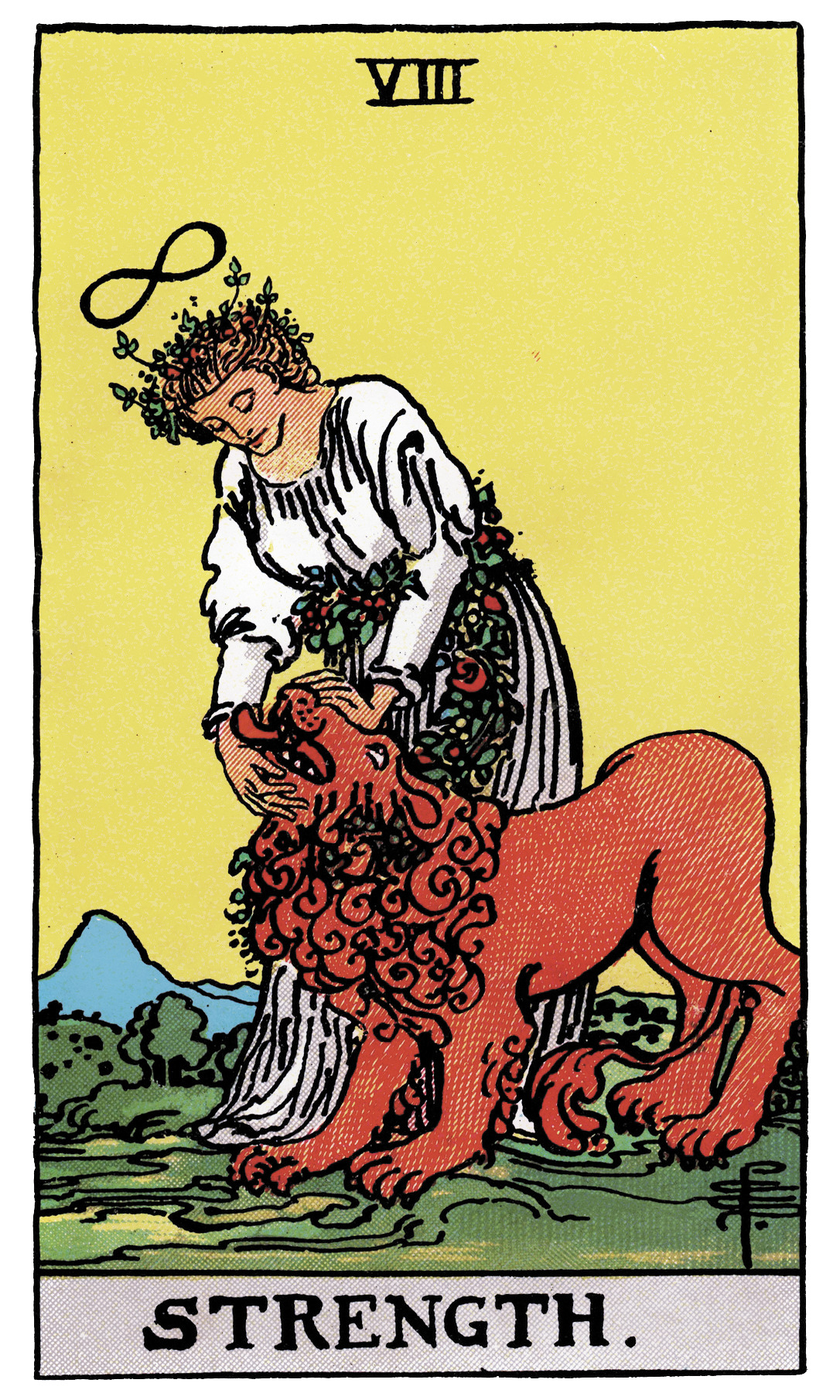 Strength tarot card — woman gently closing jaws of a lion with infinity symbol