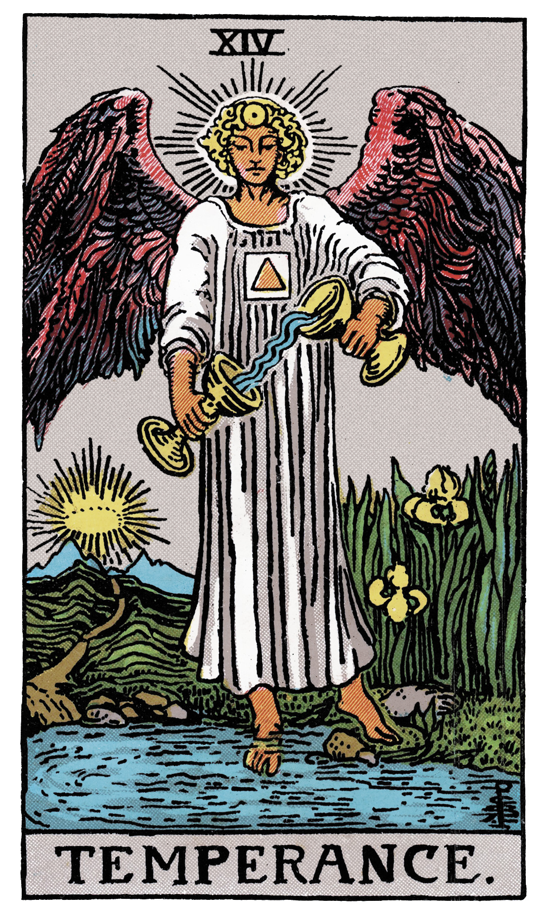 Temperance tarot card — angel pouring water between two cups with one foot in water