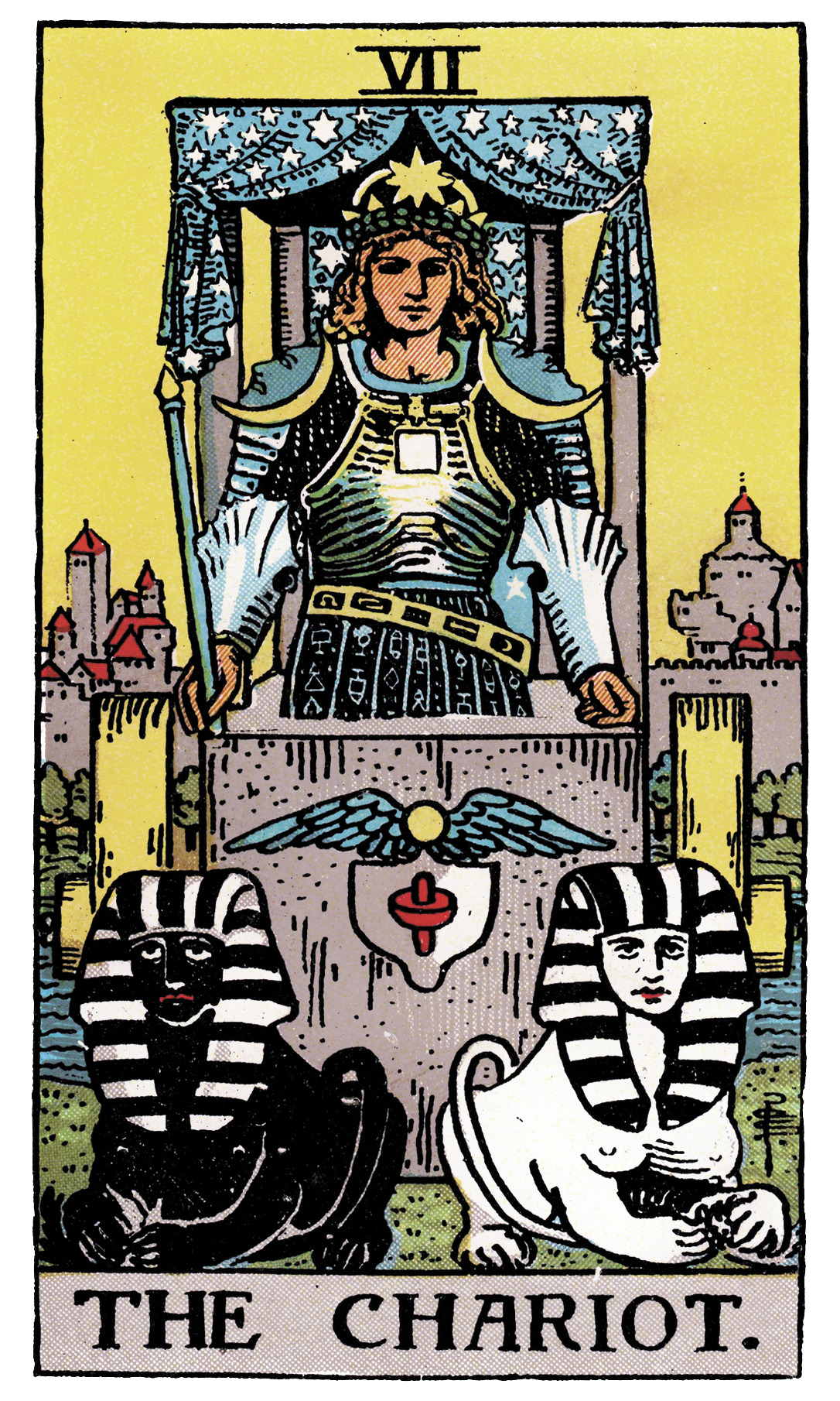 The Chariot tarot card — armoured figure driving chariot with two sphinxes