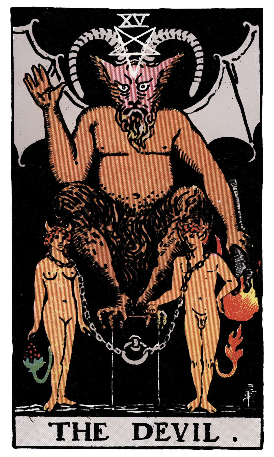 The Devil tarot card — horned figure with chained man and woman below