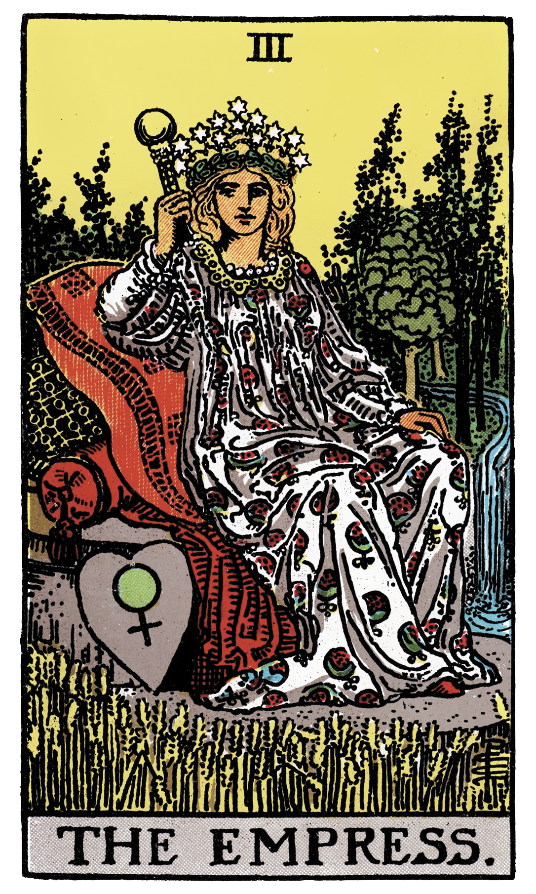 The Empress tarot card — crowned woman in lush garden with wheat