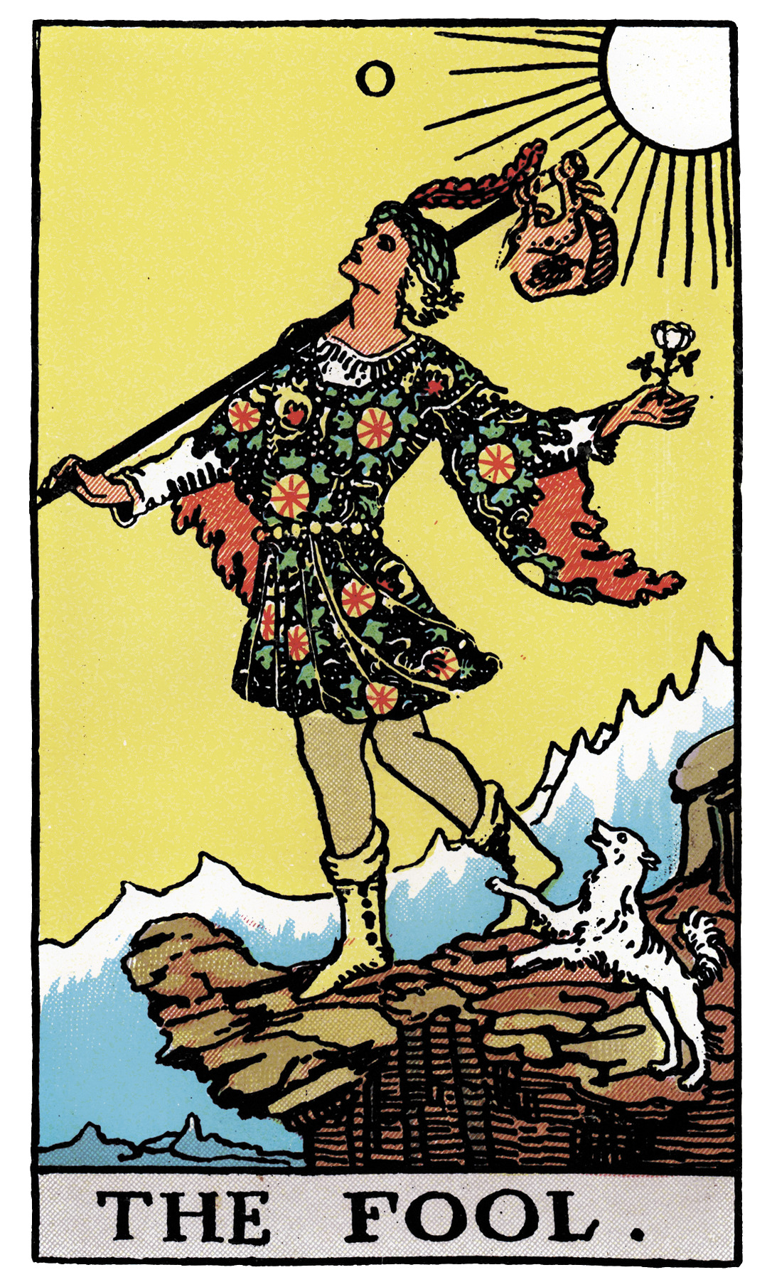The Fool tarot card — young figure at cliff edge with white dog