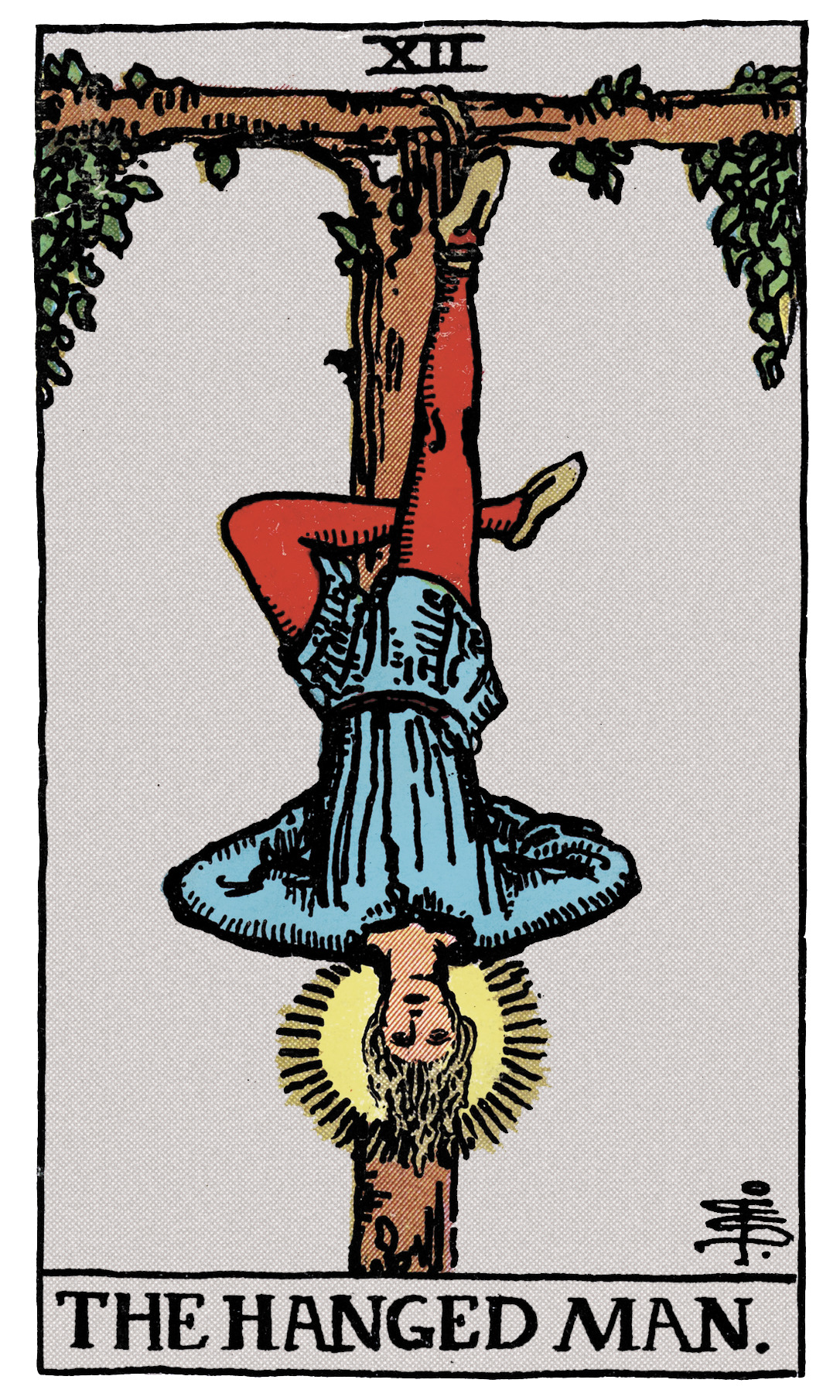 The Hanged Man tarot card — figure suspended upside down from a tree with halo