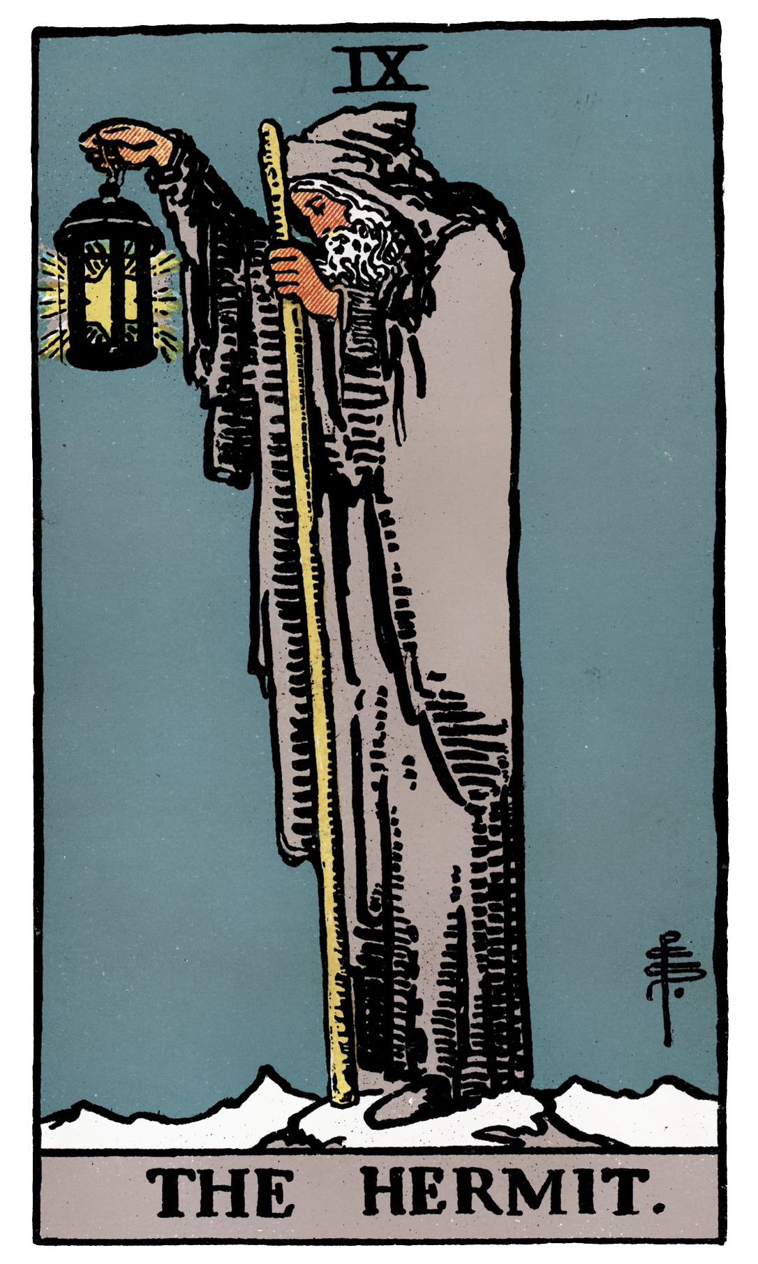 The Hermit tarot card — cloaked figure on mountain holding lantern and staff