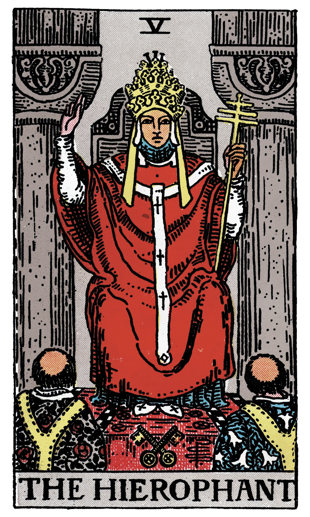 The Hierophant tarot card — religious figure with crossed keys and two followers