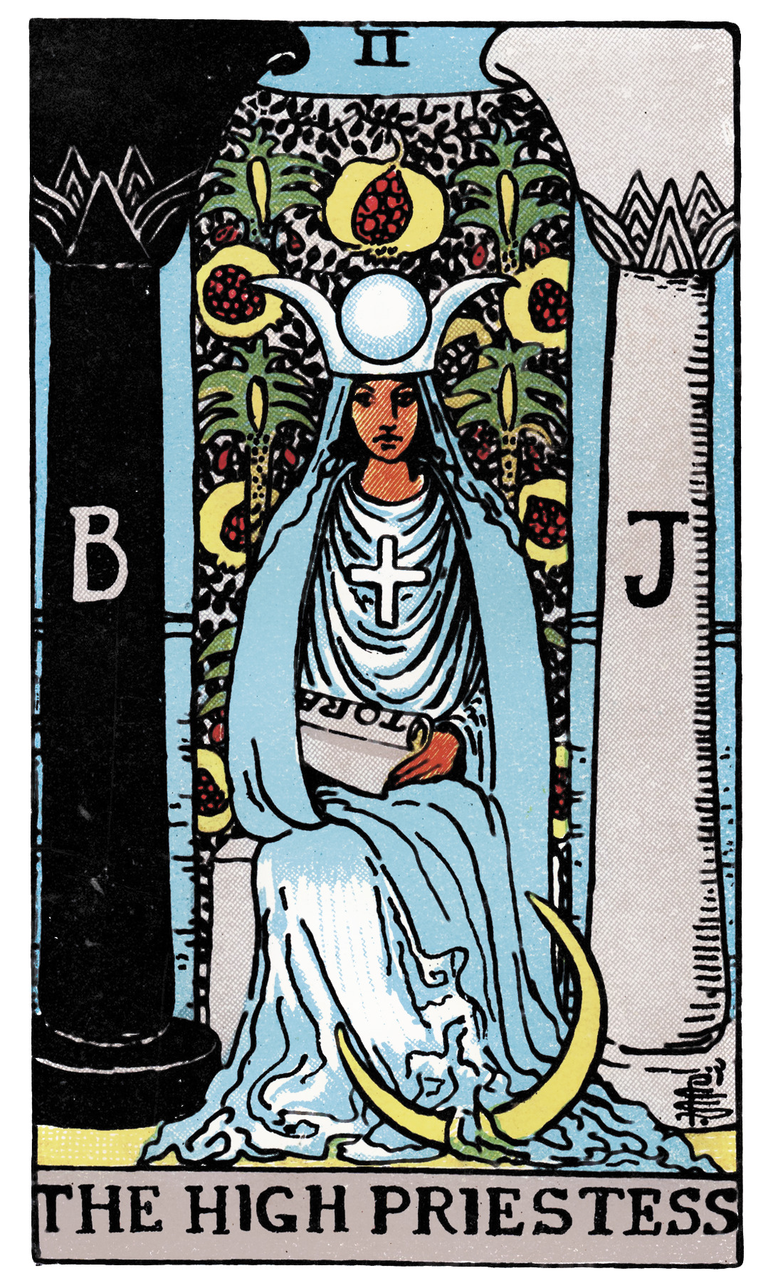 The High Priestess tarot card — seated woman between two pillars with crescent moon