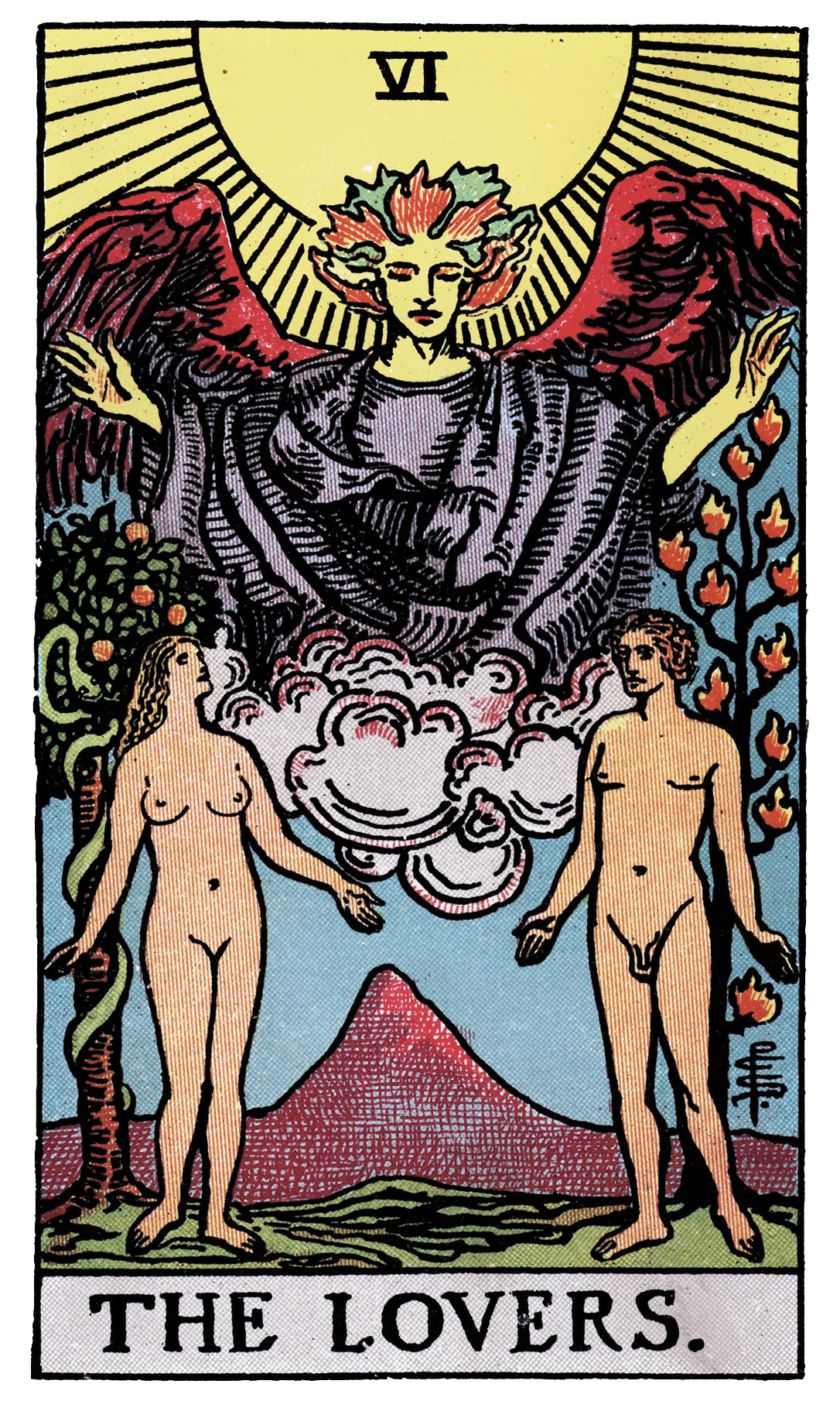 The Lovers tarot card — man and woman beneath angel with outstretched arms