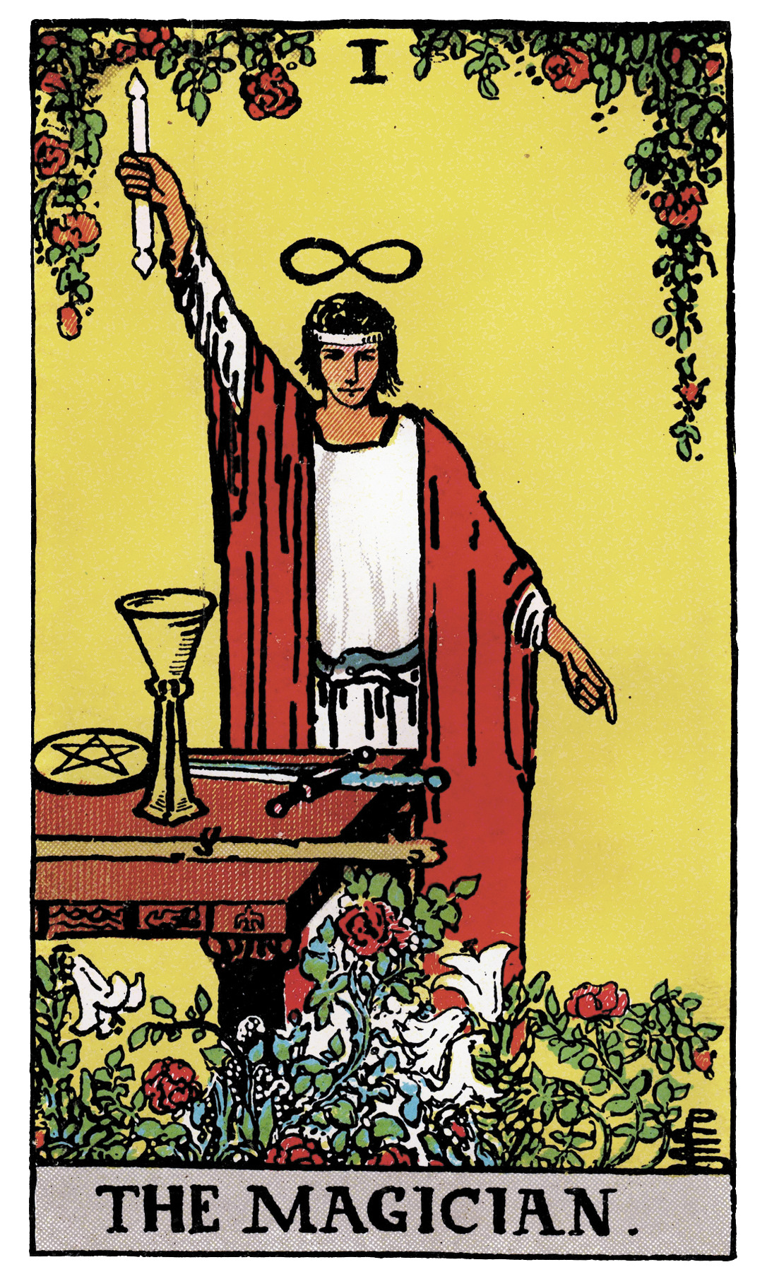 The Magician tarot card — figure with infinity symbol and four suit tools