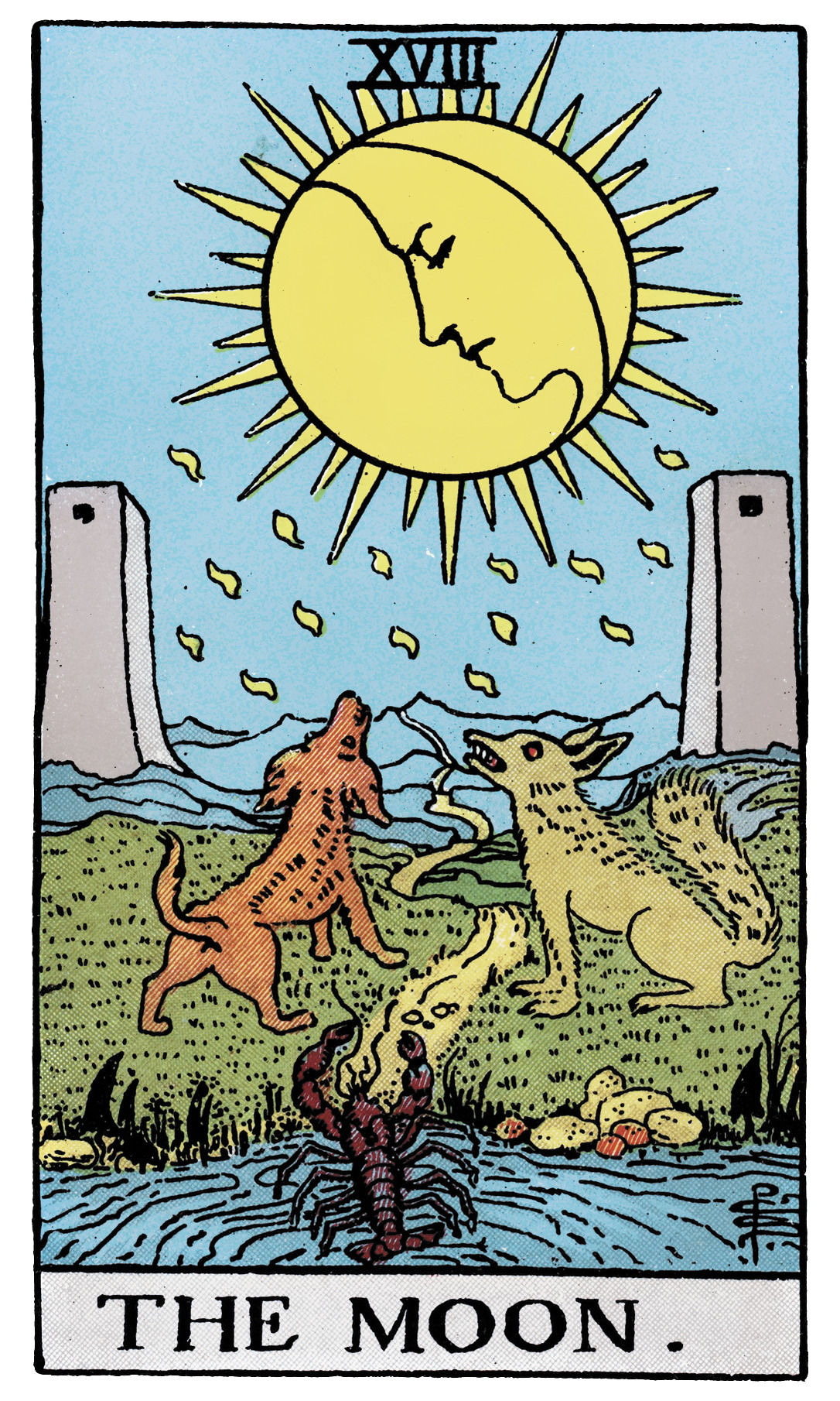 The Moon tarot card — moon face over path between two towers with dog and wolf