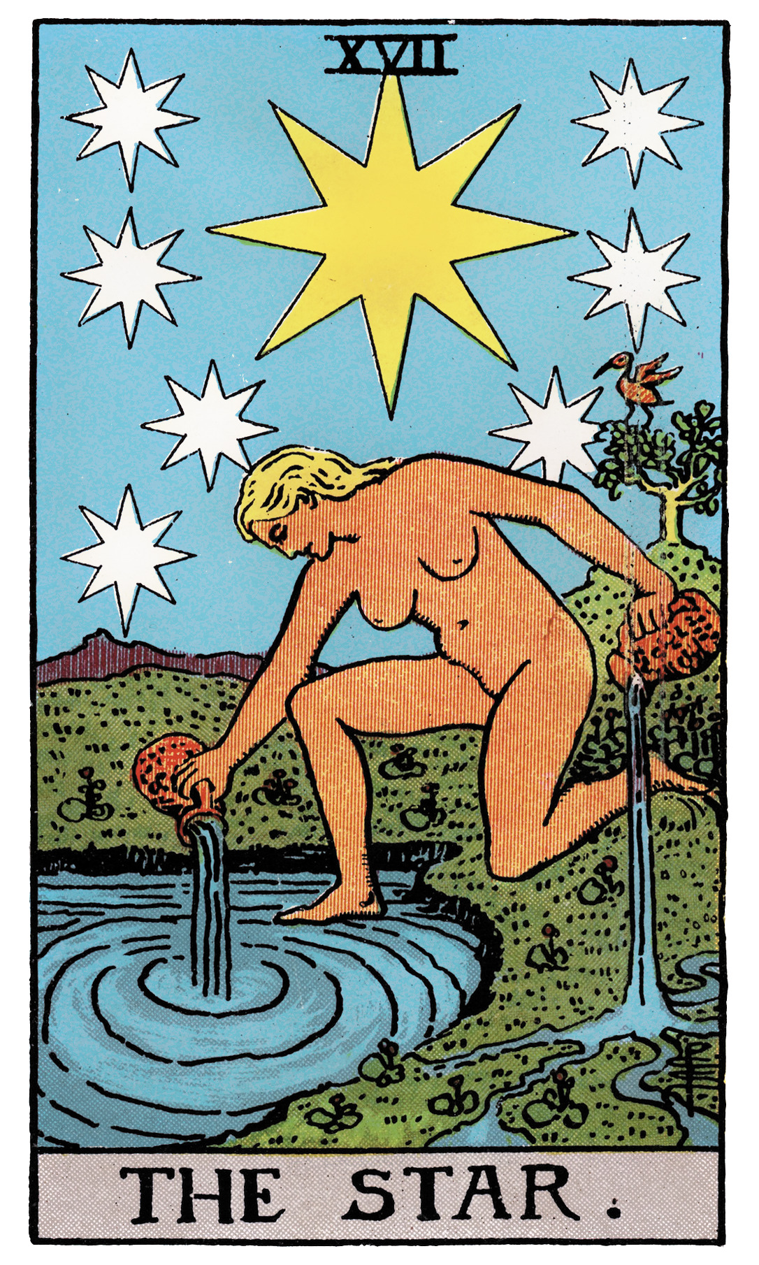 The Star tarot card — figure pouring water under bright stars