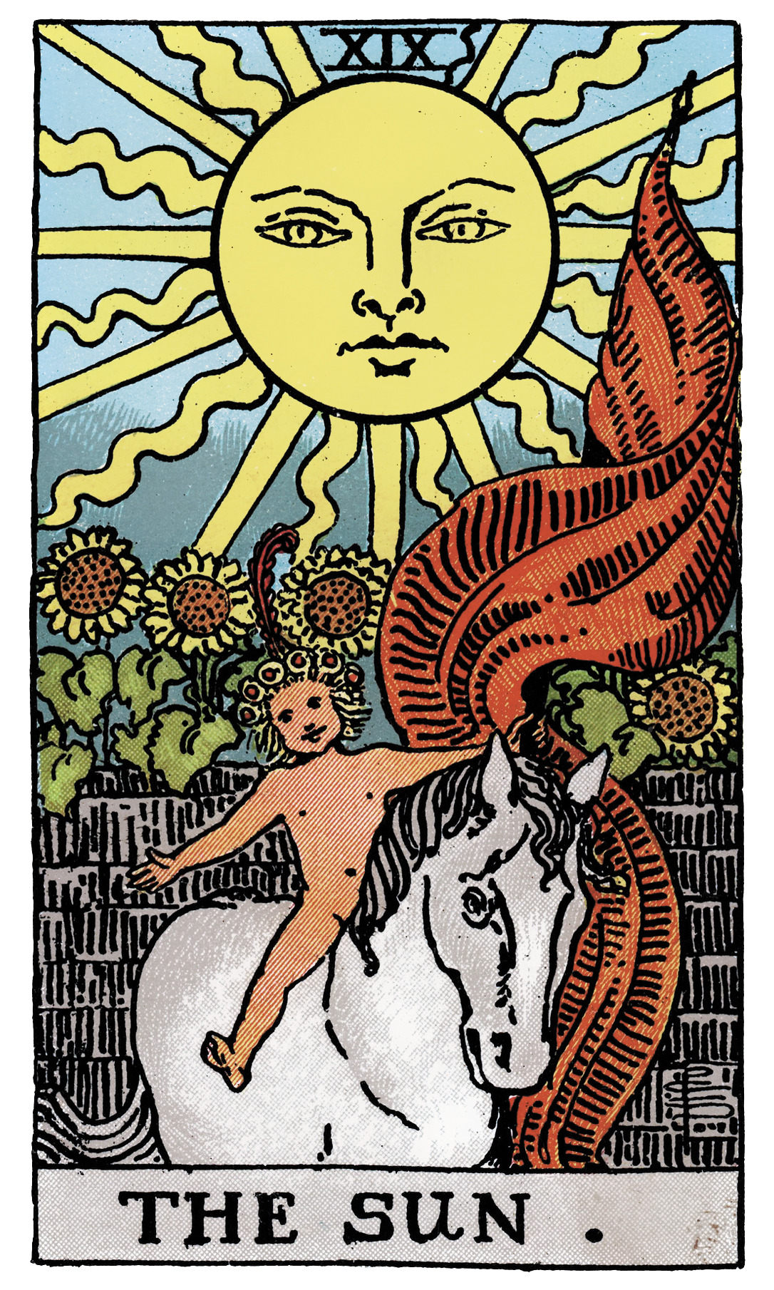 The Sun tarot card — child on white horse under radiant sun with sunflowers