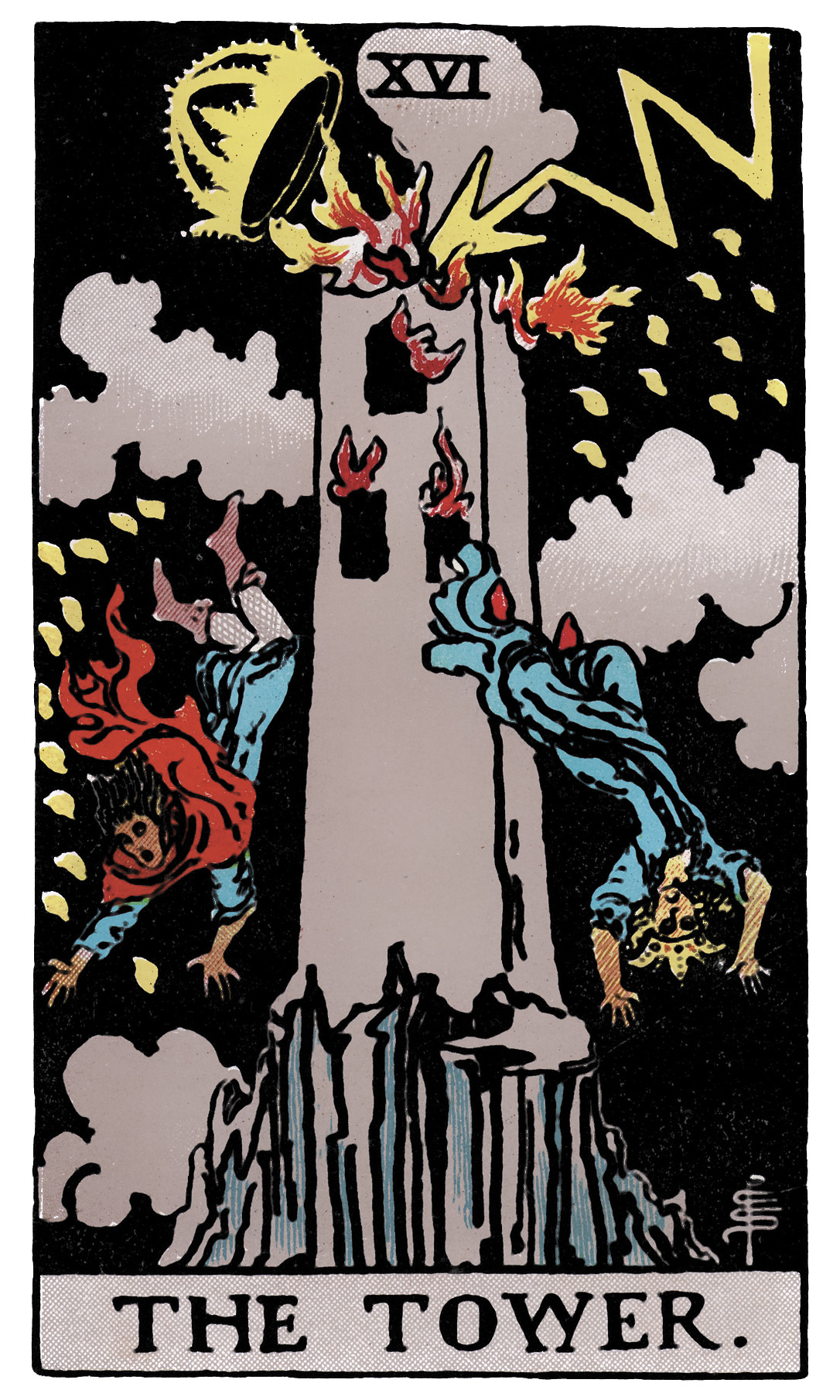 The Tower tarot card — lightning striking tower with figures falling