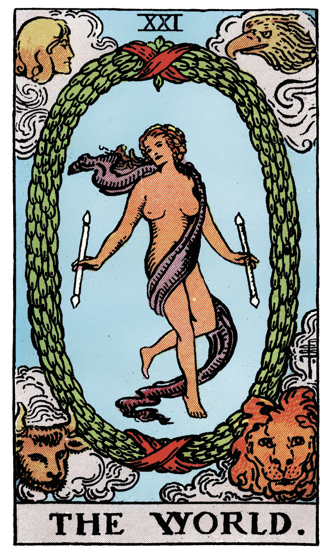 The World tarot card — dancing figure within wreath surrounded by four creatures