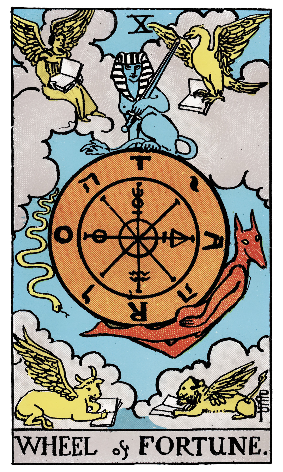 Wheel of Fortune tarot card — spinning wheel with mystical creatures and symbols